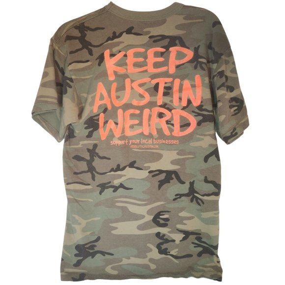 KEEP AUSTIN WEIRD T-shirt Tyler's Austin, Texas  Men's Size Large Camo Green - Picture 1 of 7